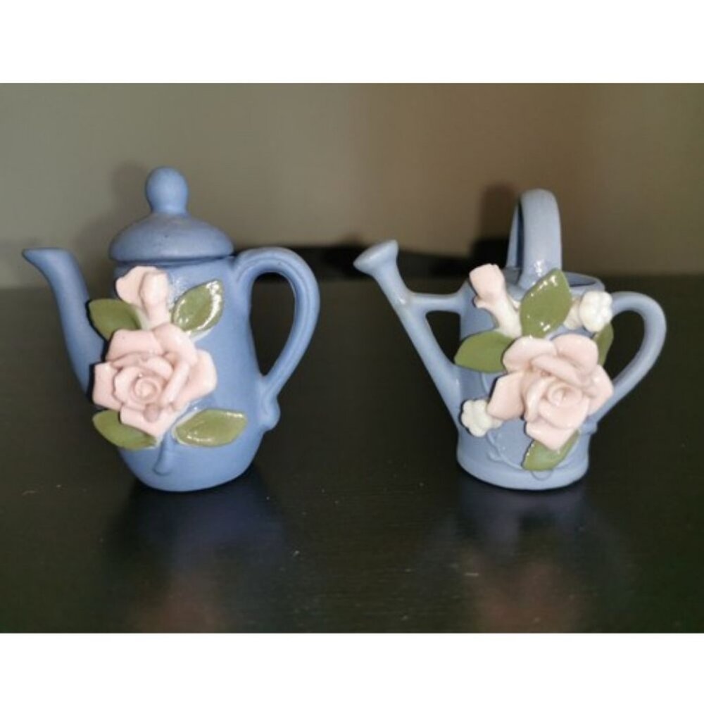 VTG Lot Of 2 Made In Japan Porcelain Watering Can & Teapot Blue w/ Roses